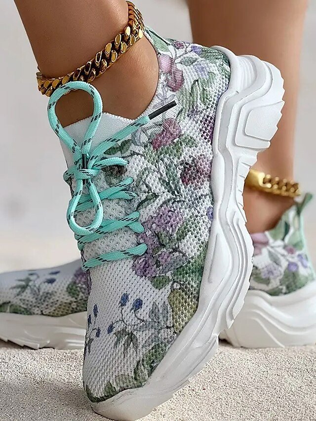 Floral Print Breathable Lace-Up Knit Sneakers - Image 13