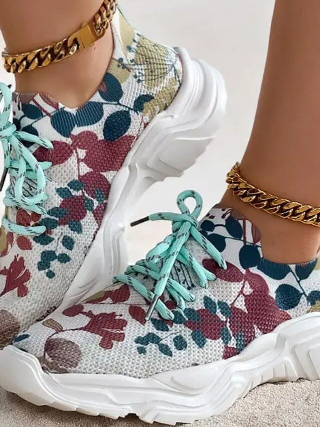 Floral Print Breathable Lace-Up Knit Sneakers - Image 14