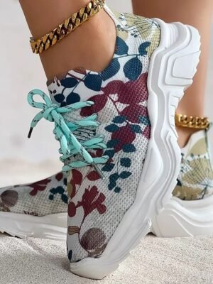 Floral Print Breathable Lace-Up Knit Sneakers - Image 15