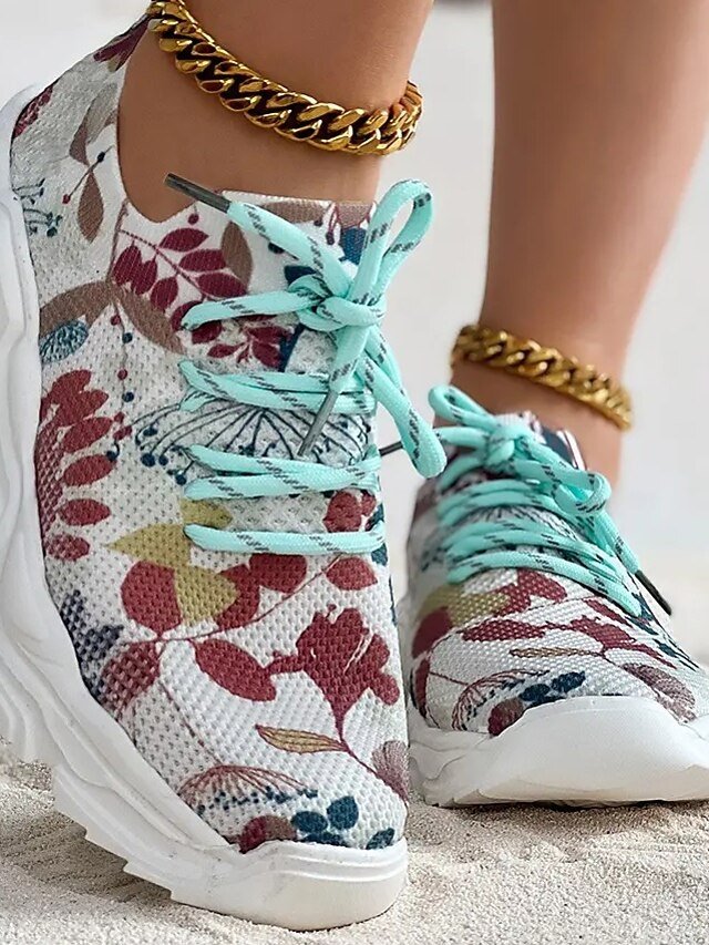 Floral Print Breathable Lace-Up Knit Sneakers - Image 16