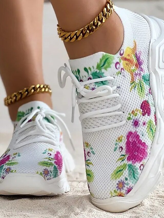 Floral Print Breathable Lace-Up Knit Sneakers - Image 2