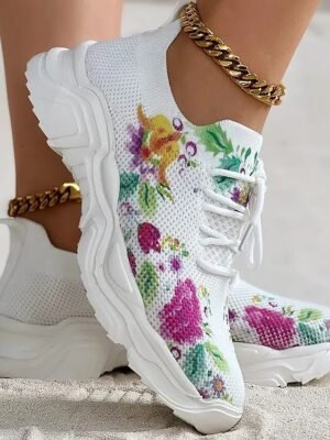 Floral Print Breathable Lace-Up Knit Sneakers - Image 3