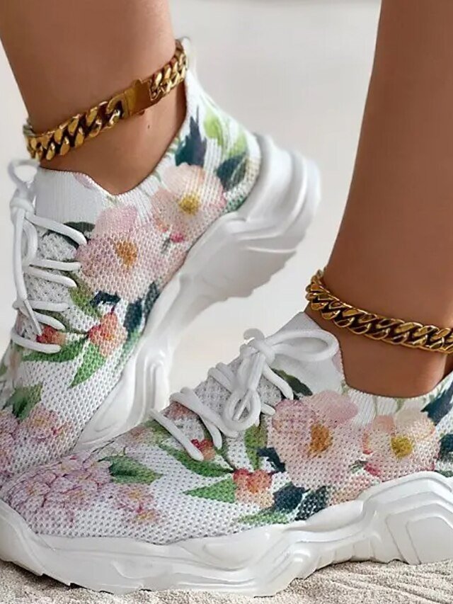 Floral Print Breathable Lace-Up Knit Sneakers - Image 4