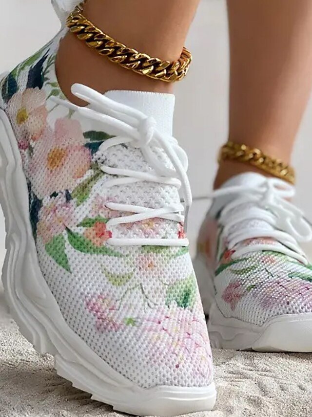Floral Print Breathable Lace-Up Knit Sneakers - Image 5