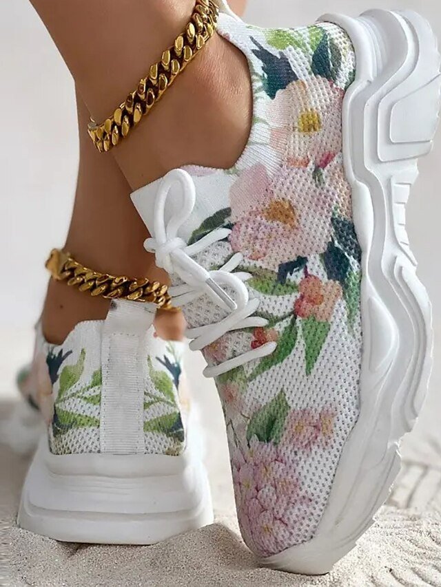 Floral Print Breathable Lace-Up Knit Sneakers - Image 6