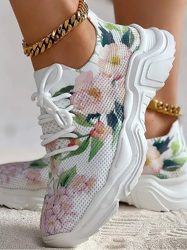 Floral Print Breathable Lace-Up Knit Sneakers - Image 7