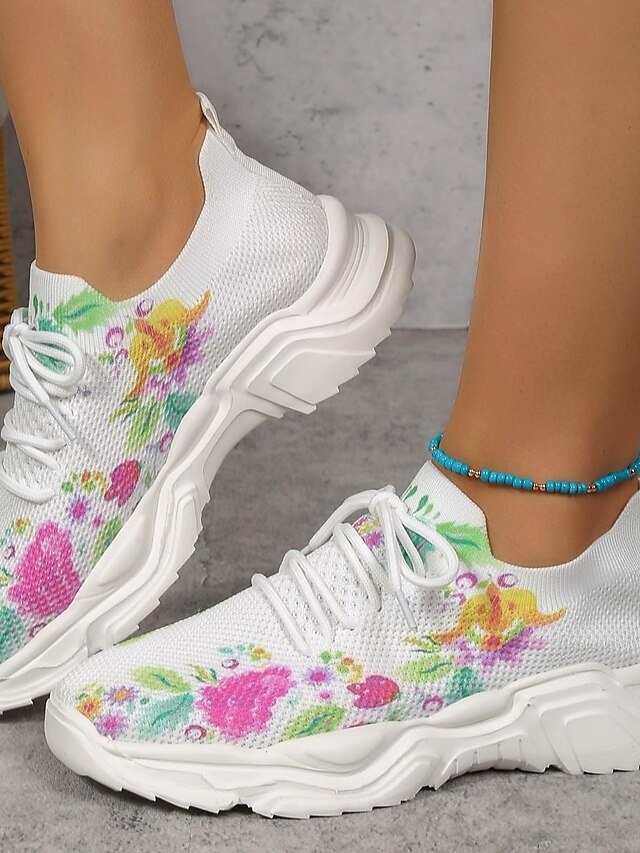 Floral Print Breathable Lace-Up Knit Sneakers - Image 9