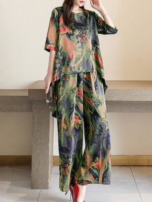 Flower Casual Loose Crew Neck Short Sleeve Loungewear Set - Image 2