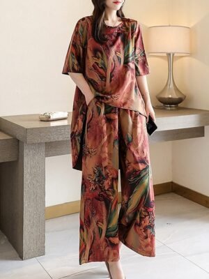 Flower Casual Loose Crew Neck Short Sleeve Loungewear Set - Image 6