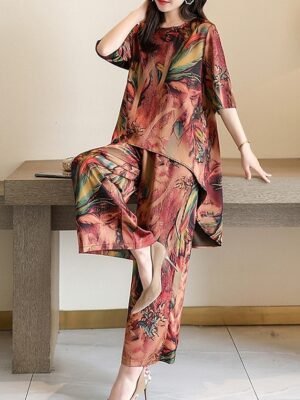 Flower Casual Loose Crew Neck Short Sleeve Loungewear Set - Image 8