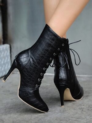 Formal Lace-Up Crocodile Pattern Pointed Toe Stiletto Ankle Boots - Image 1