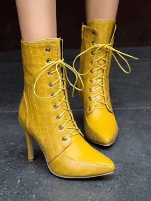 Formal Lace-Up Crocodile Pattern Pointed Toe Stiletto Ankle Boots - Image 10