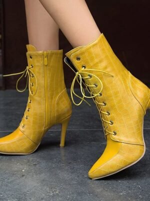 Formal Lace-Up Crocodile Pattern Pointed Toe Stiletto Ankle Boots - Image 11
