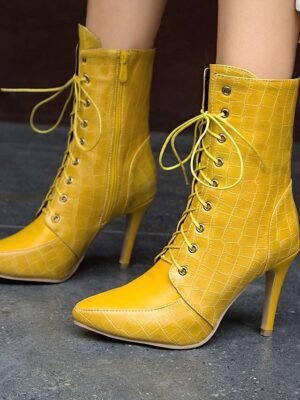 Formal Lace-Up Crocodile Pattern Pointed Toe Stiletto Ankle Boots - Image 12