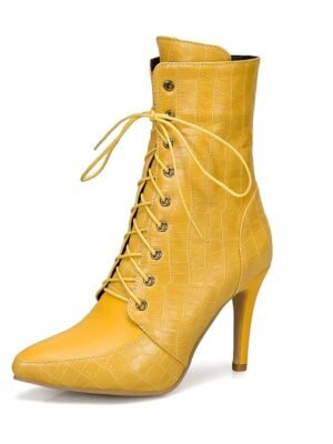 Formal Lace-Up Crocodile Pattern Pointed Toe Stiletto Ankle Boots - Image 14