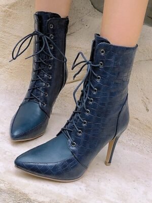 Formal Lace-Up Crocodile Pattern Pointed Toe Stiletto Ankle Boots - Image 16