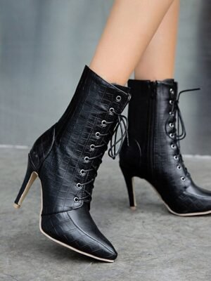 Formal Lace-Up Crocodile Pattern Pointed Toe Stiletto Ankle Boots - Image 2