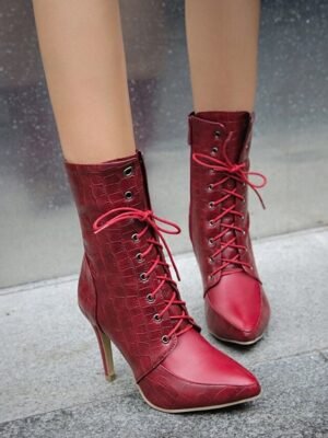 Formal Lace-Up Crocodile Pattern Pointed Toe Stiletto Ankle Boots - Image 4