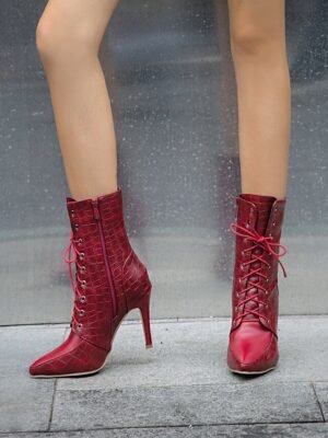 Formal Lace-Up Crocodile Pattern Pointed Toe Stiletto Ankle Boots - Image 5