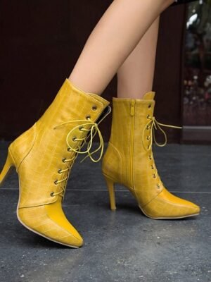 Formal Lace-Up Crocodile Pattern Pointed Toe Stiletto Ankle Boots - Image 8