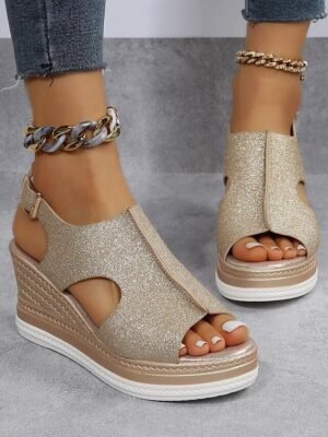 Glamorous Glitter Open-Toe Cut-Out Wedge Sandals - Image 5