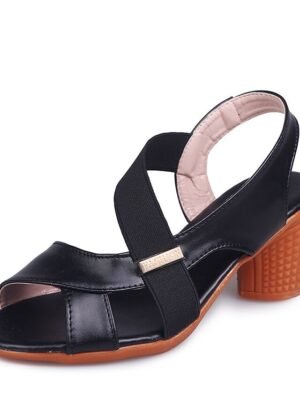 Khaki Slingback Elastic Strap Peep Toe Block Heel Sandals - Image 5