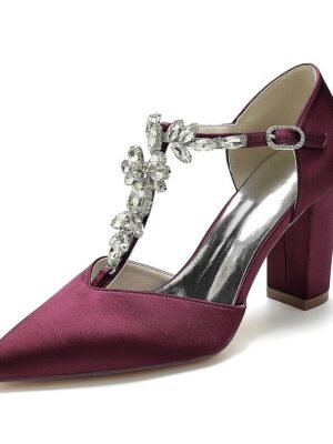 Luxurious Satin Rhinestone Chunky Heel Pointed Toe T-Strap Bridal Shoes - Image 12