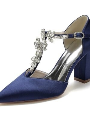 Luxurious Satin Rhinestone Chunky Heel Pointed Toe T-Strap Bridal Shoes - Image 2