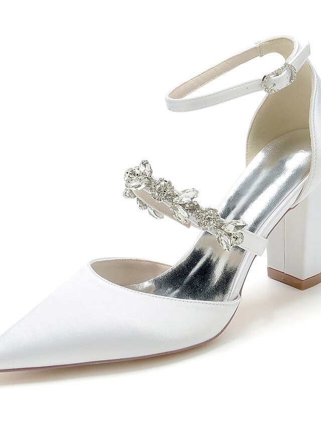 Luxurious Satin Rhinestone Chunky Heel Pointed Toe Ankle Strap Wedding Pumps - Image 2
