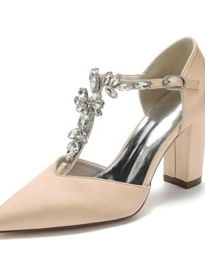 Luxurious Satin Rhinestone Chunky Heel Pointed Toe T-Strap Bridal Shoes - Image 3