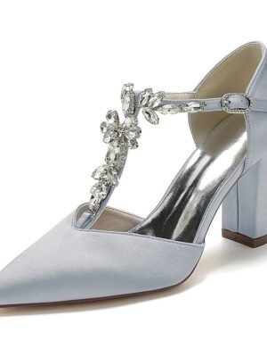 Luxurious Satin Rhinestone Chunky Heel Pointed Toe T-Strap Bridal Shoes - Image 4