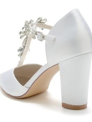 Luxurious Satin Rhinestone Chunky Heel Pointed Toe T-Strap Bridal Shoes - Image 6
