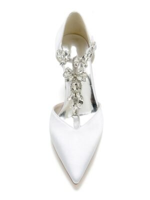 Luxurious Satin Rhinestone Chunky Heel Pointed Toe T-Strap Bridal Shoes - Image 7