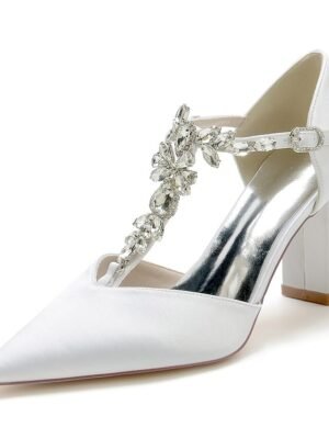 Luxurious Satin Rhinestone Chunky Heel Pointed Toe T-Strap Bridal Shoes - Image 9