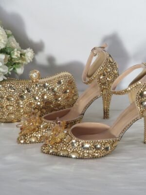 Luxury Crystal-Embellished Gold Ankle Strap High Heel Sandals - Image 1