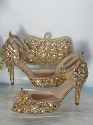 Luxury Crystal-Embellished Gold Ankle Strap High Heel Sandals - Image 3