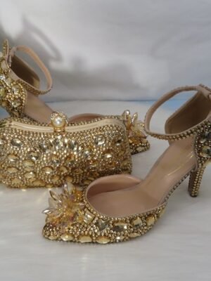 Luxury Crystal-Embellished Gold Ankle Strap High Heel Sandals - Image 5