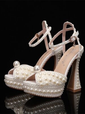 Luxury Pearl-Embellished Platform Ankle Strap Wedding Shoes - Image 10