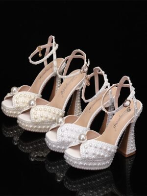 Luxury Pearl-Embellished Platform Ankle Strap Wedding Shoes - Image 11