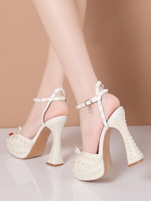Luxury Pearl-Embellished Platform Ankle Strap Wedding Shoes - Image 14