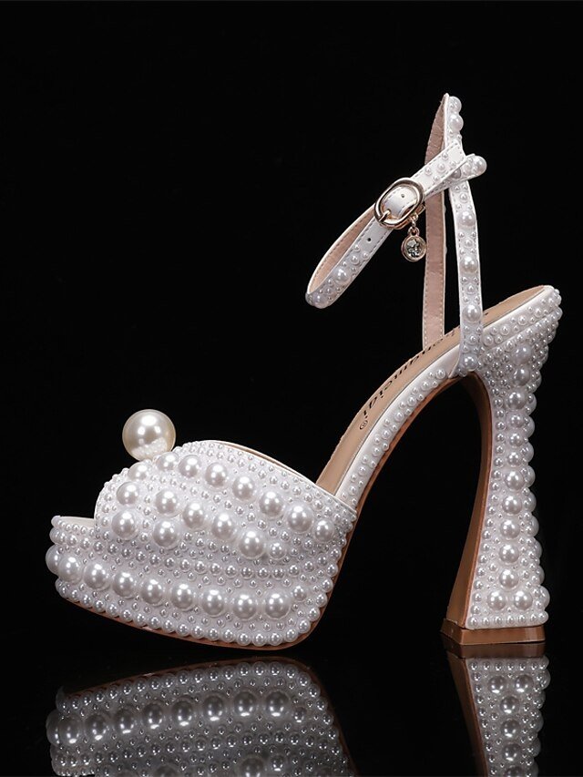 Luxury Pearl-Embellished Platform Ankle Strap Wedding Shoes - Image 2