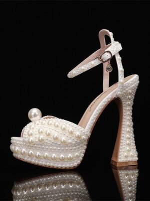 Luxury Pearl-Embellished Platform Ankle Strap Wedding Shoes - Image 9