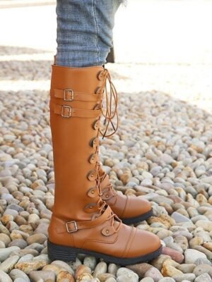 Military Gothic Knee High Lace-Up Chunky Heel Combat Boots - Image 10