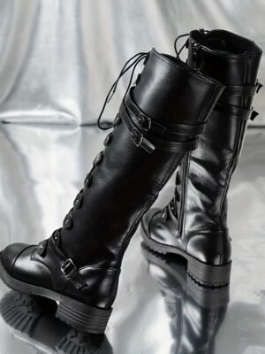 Military Gothic Knee High Lace-Up Chunky Heel Combat Boots - Image 4