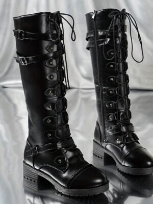 Military Gothic Knee High Lace-Up Chunky Heel Combat Boots - Image 5
