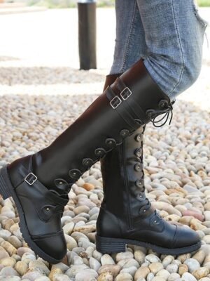 Military Gothic Knee High Lace-Up Chunky Heel Combat Boots - Image 7