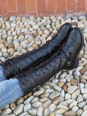 Military Gothic Knee High Lace-Up Chunky Heel Combat Boots - Image 8