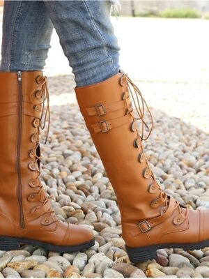 Military Gothic Knee High Lace-Up Chunky Heel Combat Boots - Image 9