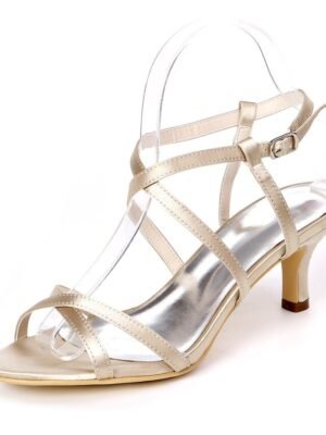 Minimalistic Peep Toe Satin Low Heel Wedding Sandals - Image 4