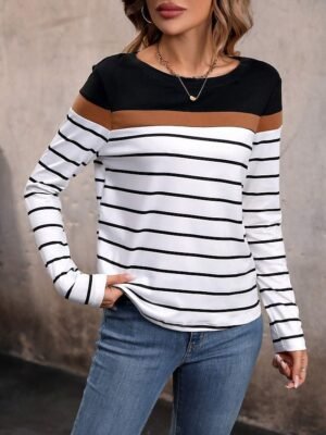 Modern Casual Colour Block Crew Neck Long Sleeve Regular Top - Image 6